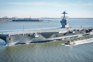 170408-N-WZ792-198 NEWPORT NEWS, Va. (April 8, 2017) The future USS Gerald R. Ford (CVN 78) underway on its own power for the first time. The first-of-class ship -- the first new U.S. aircraft carrier design in 40 years -- will spend several days conducting builder's sea trials, a comprehensive test of many of the ship's key systems and technologies. (U.S. Navy photo by Mass Communication Specialist 2nd Class Ridge Leoni/Released)