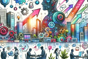DALL·E 2024-03-16 15.26.30 - A modern and vibrant sketch showcasing the concept of rapid productivity growth in the United States, this time heavily influenced by artificial intel