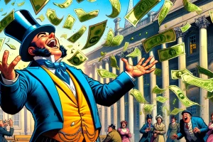 DALL·E 2024-04-09 23.11.06 - A satirical comic book scene showing a government official exaggeratedly throwing large amounts of money into the air with joy and carelessness. The s