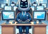 DALL·E 2024-04-11 23.34.20 - A whimsical and cute illustration of an anthropomorphic robot dressed in formal business attire (suit and tie), sitting at a desk filled with multiple