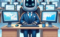 DALL·E 2024-04-11 23.34.20 - A whimsical and cute illustration of an anthropomorphic robot dressed in formal business attire (suit and tie), sitting at a desk filled with multiple