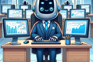 DALL·E 2024-04-11 23.34.20 - A whimsical and cute illustration of an anthropomorphic robot dressed in formal business attire (suit and tie), sitting at a desk filled with multiple