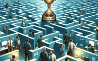 DALL·E 2024-04-30 23.21.25 - An illustration depicting the theme of high-paying jobs becoming scarce for white-collar workers. The image shows a large, intricate maze made of offi
