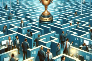 DALL·E 2024-04-30 23.21.25 - An illustration depicting the theme of high-paying jobs becoming scarce for white-collar workers. The image shows a large, intricate maze made of offi