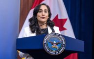 Canadian Defense Minister Anita Anand address media members during a joint press conference with Secretary of Defense Lloyd J. Austin III at the Pentagon, Washington, D.C., April 28, 2022. (DoD photo by U.S. Air Force Tech. Sgt. Jack Sanders)