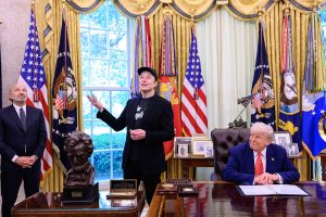 President Donald Trump participates in a press conference with departing DOGE adviser Elon Musk, Friday, May 30, 2025, in the Oval Office. (Official White House Photo by Molly Riley)
