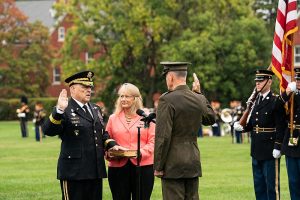 Marine Corps Gen. Joe Dunford, right, outgoing Chairman of the Joint Chiefs of Staff, swears in Army Gen. Mark A. Milley, incoming Chairman, during an Armed Forces Welcome Ceremony as Army Gen. Mark A. Milley becomes the 20th Chairman of the Joint Chiefs of Staff, at Joint Base Myer – Henderson Hall, Va., Sept. 30, 2019. Milley takes the reigns from Marine Corps Gen. Joe Dunford, the 19th Chairman of the Joint Chiefs of Staff. (DoD Photo by U.S. Army Sgt. James K. McCann)