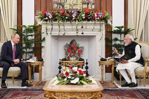 The Prime Minister, Shri Narendra Modi meeting the President of Russian Federation, Mr. Vladimir Putin, at Hyderabad House, in New Delhi on December 06, 2021.