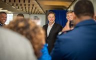 U.S. AIR FORCE ACADEMY, Colo. --  Tesla Inc. Chief Executive Officer Elon Musk poses for a photograph with U.S. Air Force Academy Cadets in Mitchell Hall during a tour hosted by Superintendent Lt. Gen. Richard Clark on April 7, 2022. Musk met with Academy senior leadership and delivered remarks to a crowd of cadets and faculty. (U.S. Air Force photo by Justin R. Pacheco)