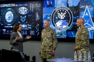 Vice President Kamala Harris speaks with Gen. Stephen Whiting, U.S. Space Command commander, and Lt. Gen. David Miller, Space Operations Command commander, at USSPACECOM’s headquarters, Peterson Space Force Base, Colorado, May 30, 2024. As the chairperson for the National Space Council, Harris advises and assists the President on the development and implementation of space policy and strategy. USSPACECOM, working with Allies and Partners, plans, executes, and integrates military spacepower into multi-domain global operations in order to deter aggression, defend national interests, and when necessary, defeat threats. (U.S. Space Command photo by Christopher DeWitt/Released)