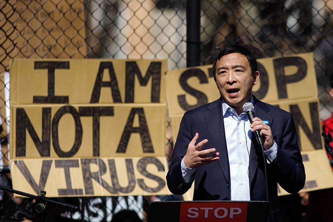 Democratic mayoral candidate Andrew Yang speaks.