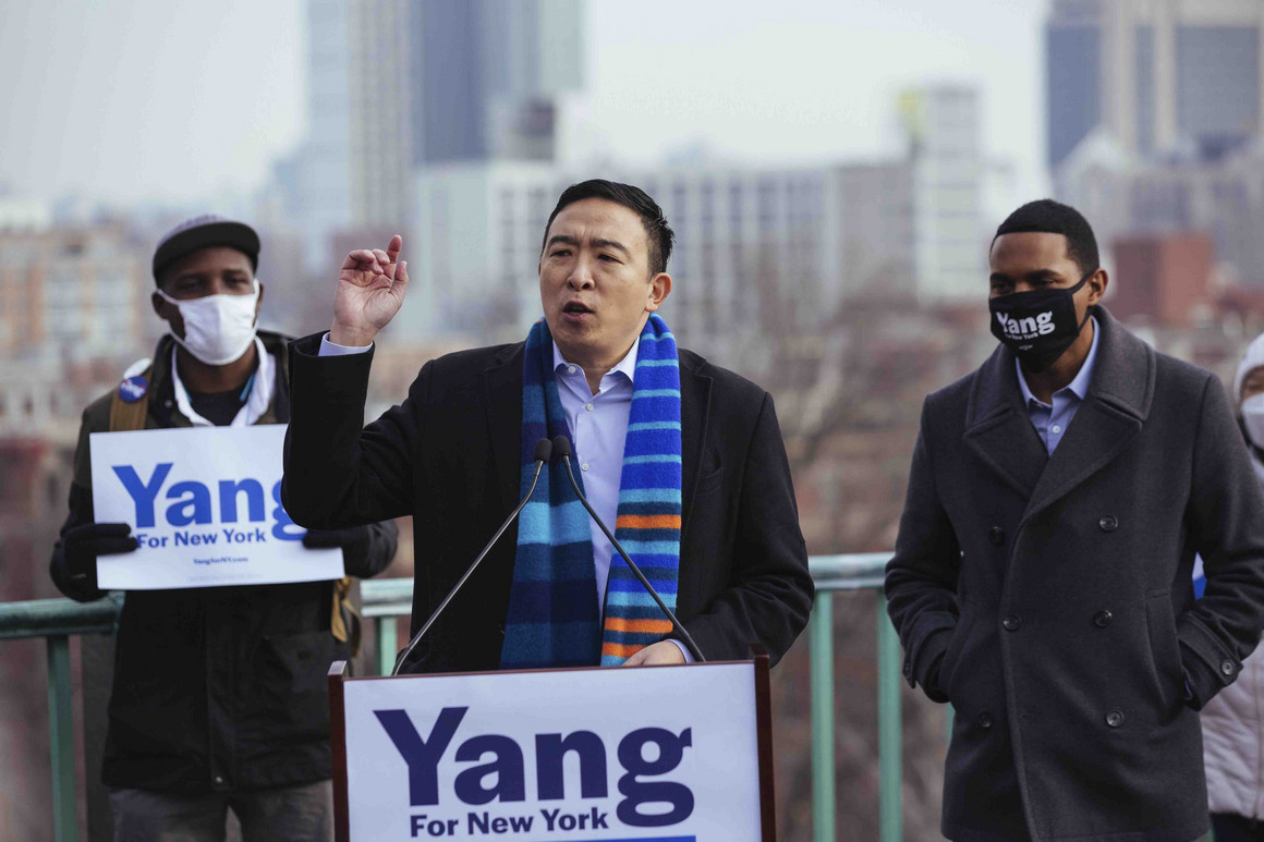 Andrew Yang announces his run for New York mayor during a press conference in Morningside Park on Jan. 14, 2021.