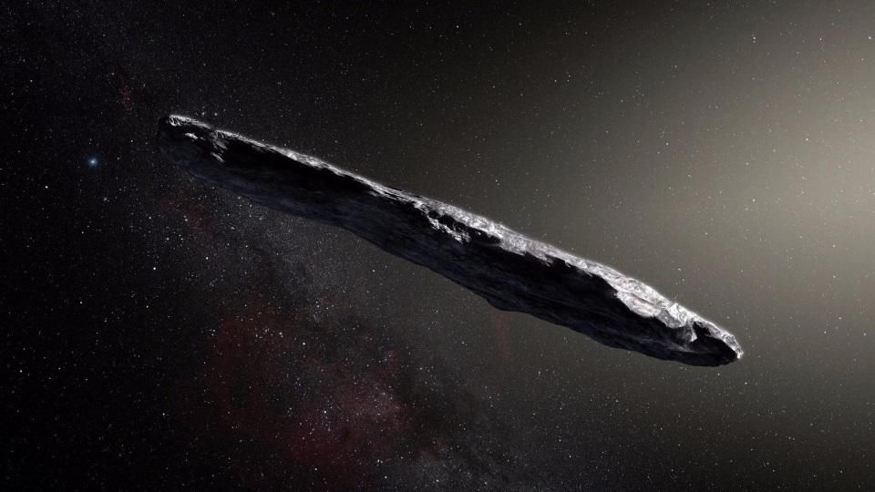 Artist's impression of ʻOumuamua, the first known interstellar object to pass through the Solar... [+] System.